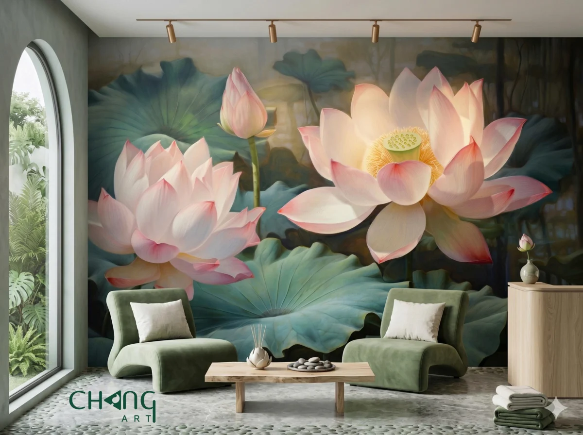 Vẽ tranh hoa sen phòng khách nghệ thuật - Chang Art