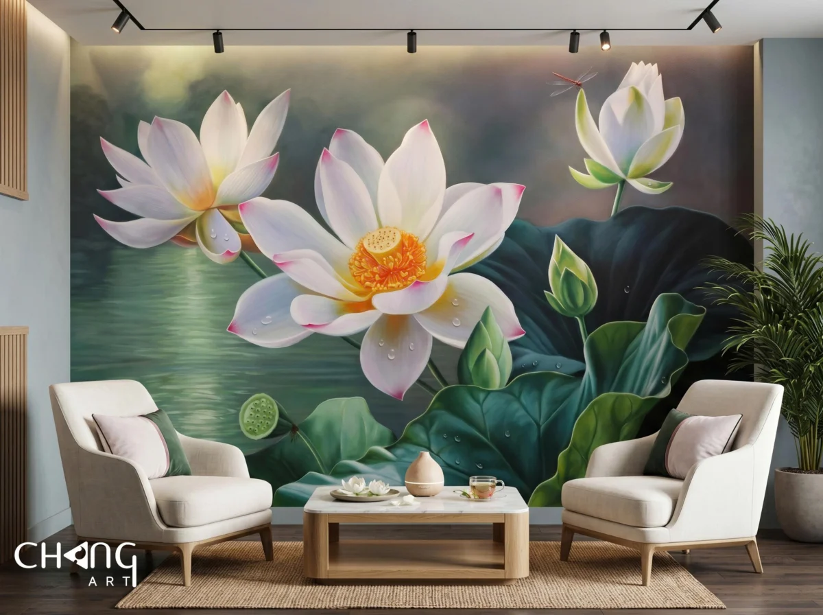 Vẽ tranh hoa sen phòng khách nghệ thuật - Chang Art