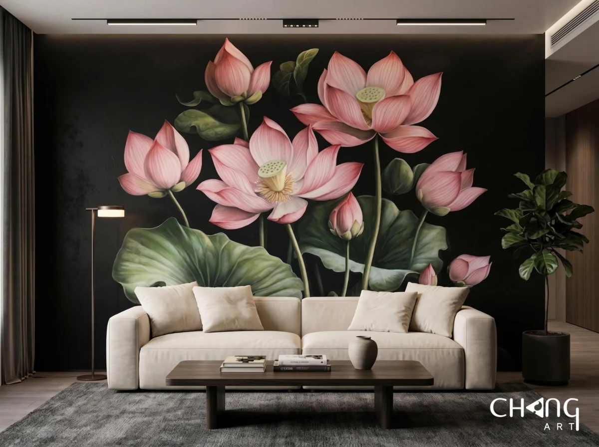 Vẽ tranh hoa sen phòng khách nghệ thuật - Chang Art