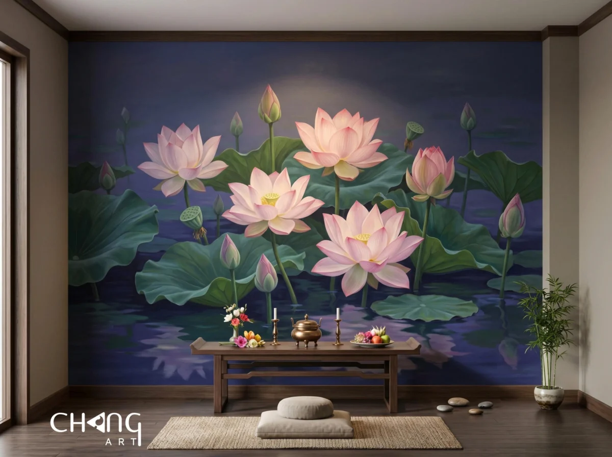 Vẽ tranh hoa sen phòng khách nghệ thuật - Chang Art