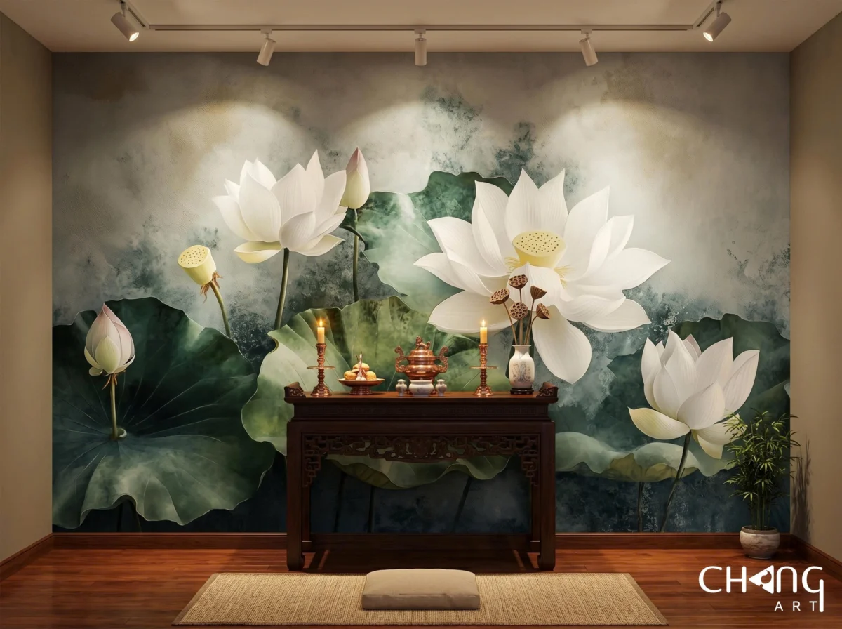 Vẽ tranh hoa sen phòng khách nghệ thuật - Chang Art