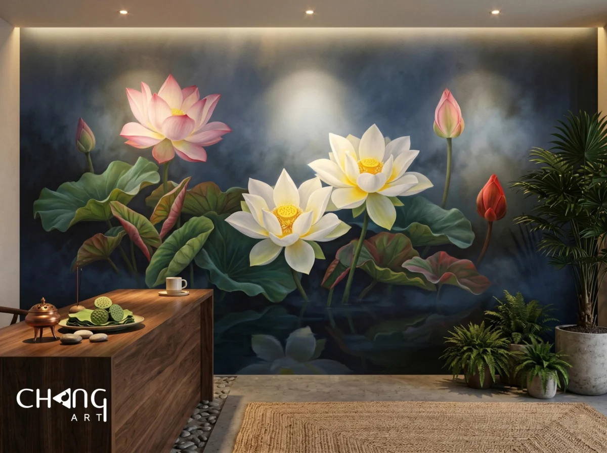Vẽ tranh hoa sen phòng khách nghệ thuật - Chang Art