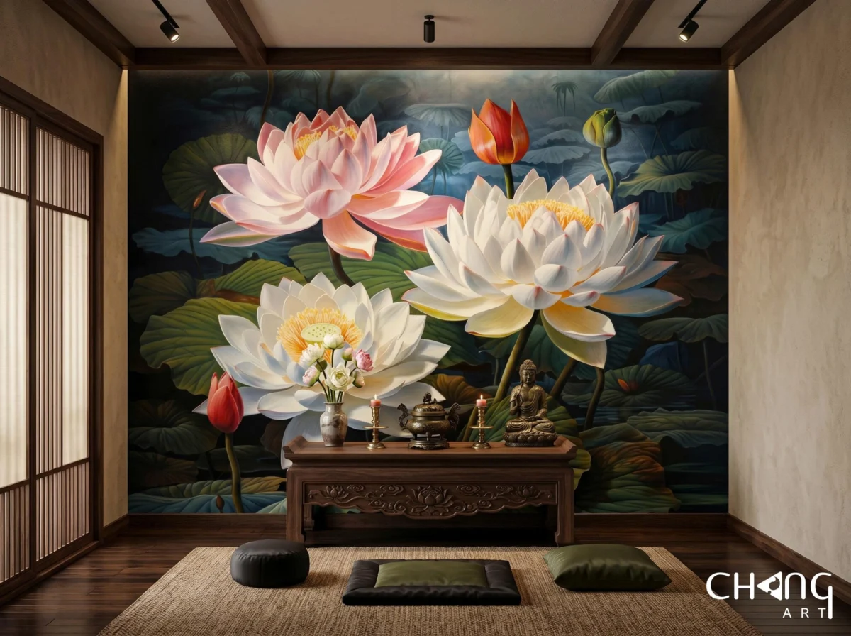 Vẽ tranh hoa sen phòng khách nghệ thuật - Chang Art