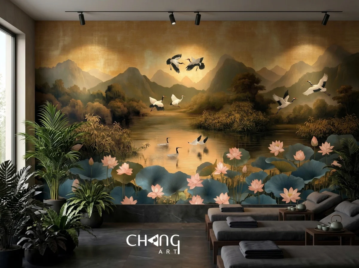 Vẽ tranh hoa sen phòng khách nghệ thuật - Chang Art