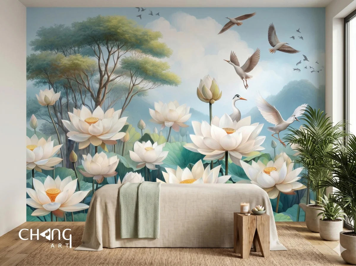 Vẽ tranh hoa sen phòng khách nghệ thuật - Chang Art