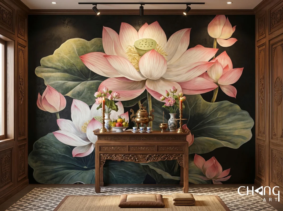 Vẽ tranh hoa sen phòng khách nghệ thuật - Chang Art
