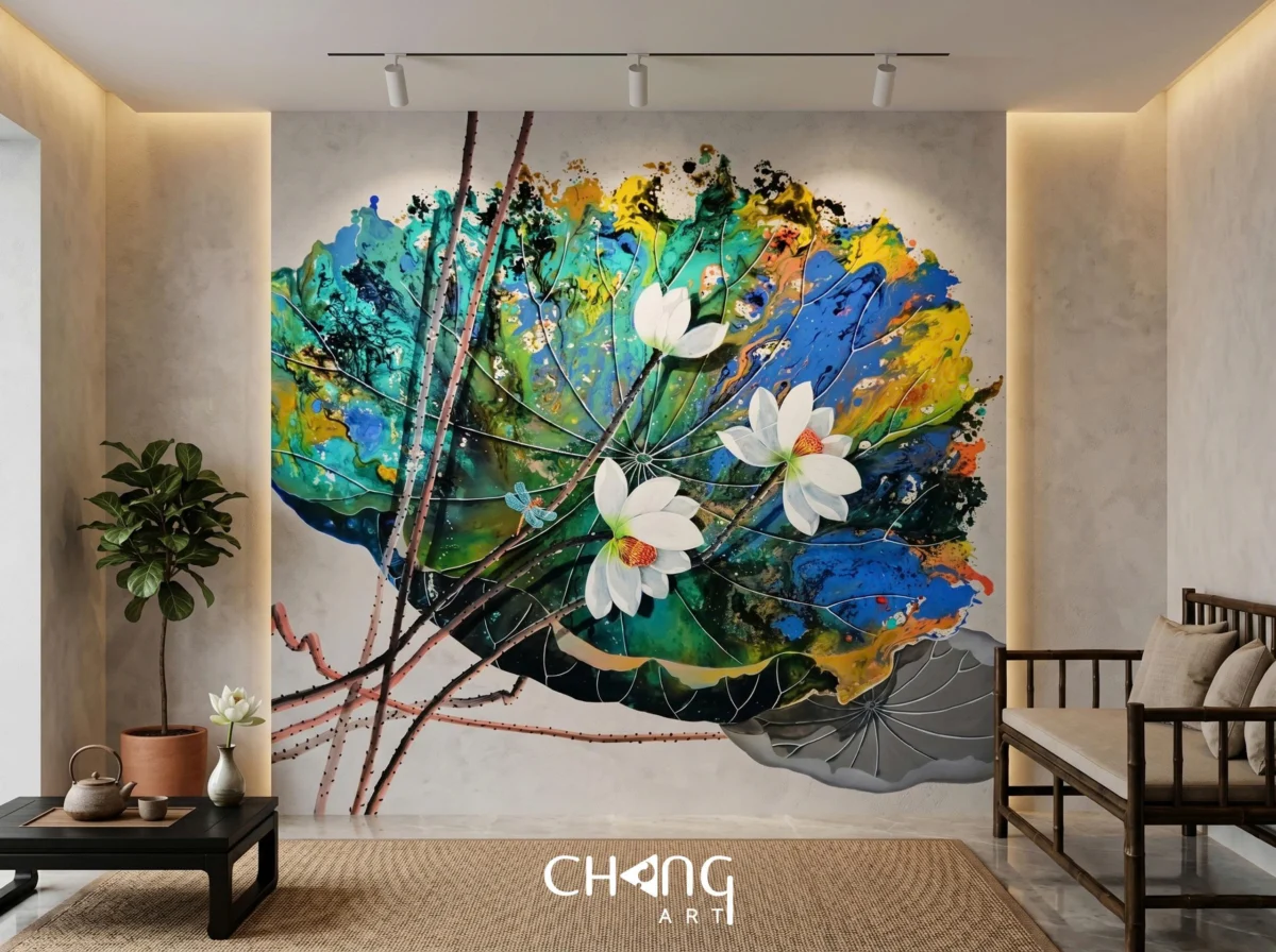 Vẽ tranh hoa sen phòng khách nghệ thuật - Chang Art