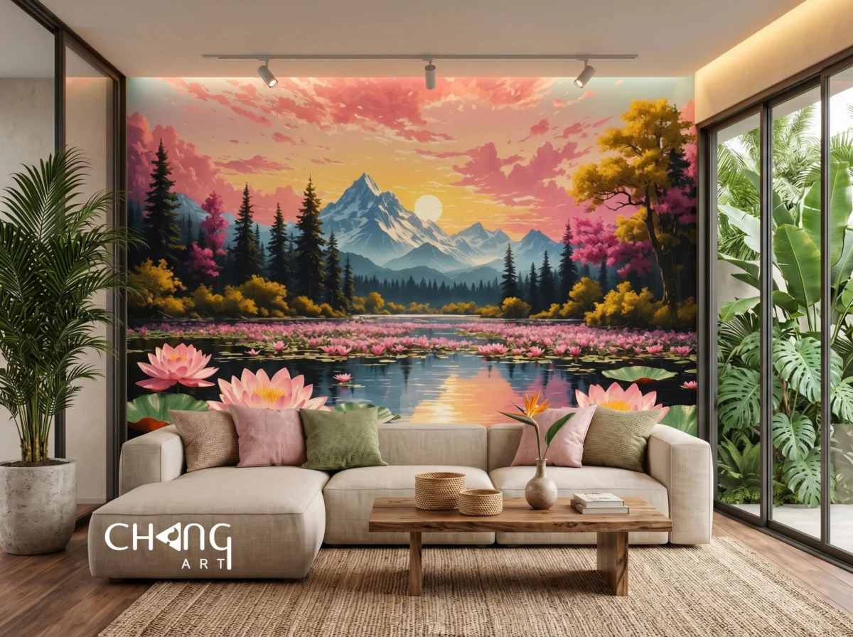 Vẽ tranh hoa sen phòng khách nghệ thuật - Chang Art