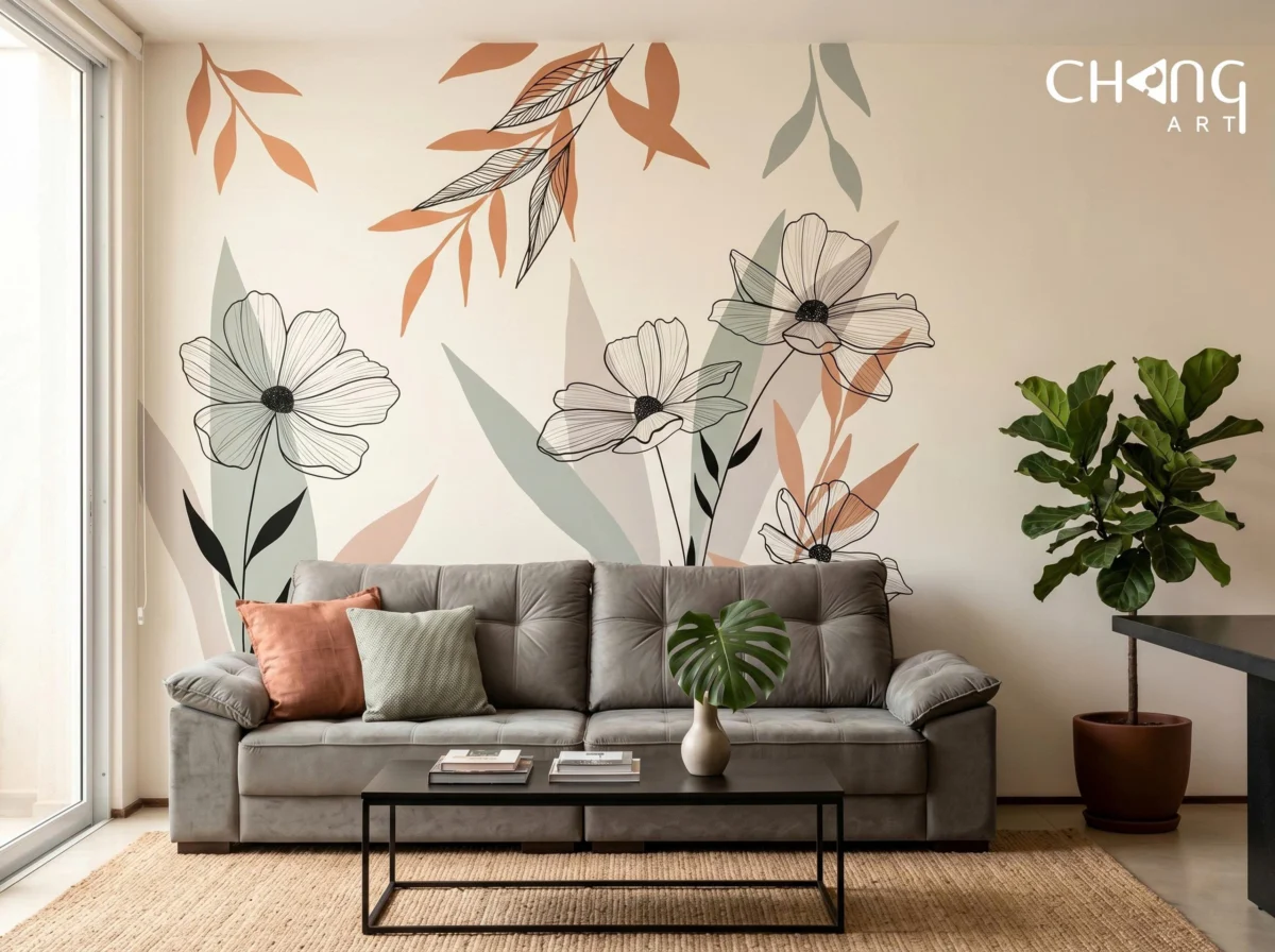 Vẽ tranh tường phòng khách hoa đơn giản - Chang Art
