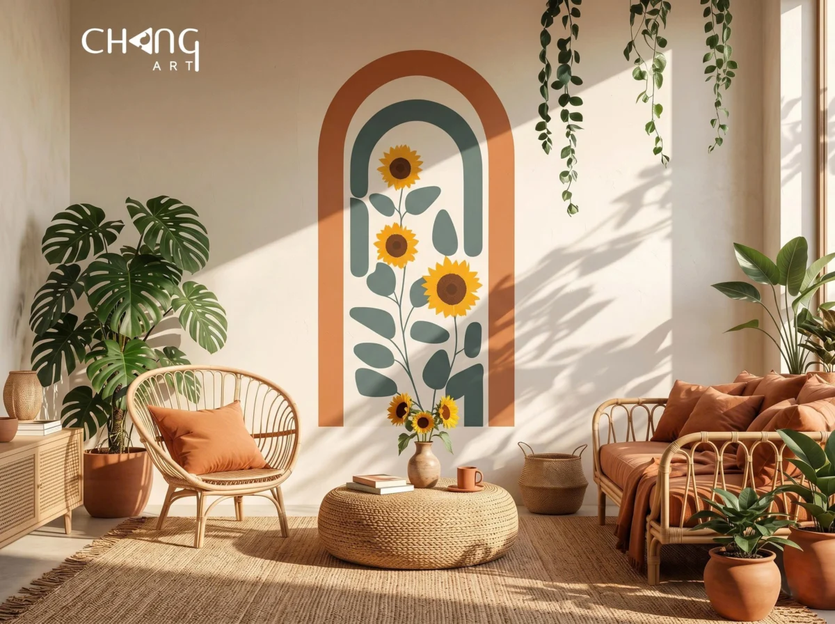Vẽ tranh tường phòng khách hoa đơn giản - Chang Art