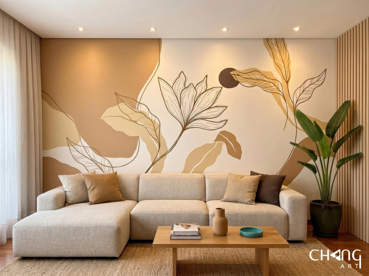 Vẽ tranh tường phòng khách hoa đơn giản - Chang Art