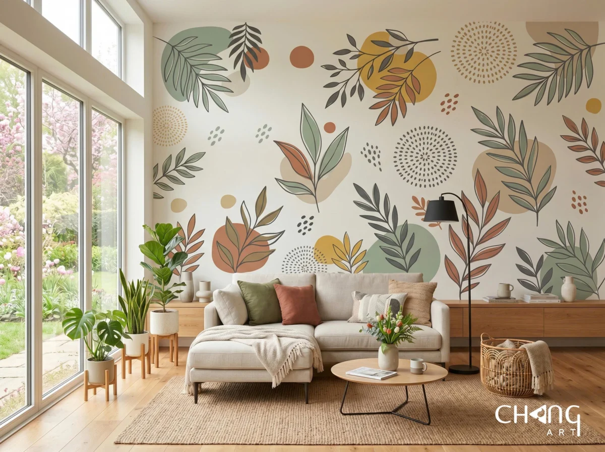 Vẽ tranh tường phòng khách hoa đơn giản - Chang Art