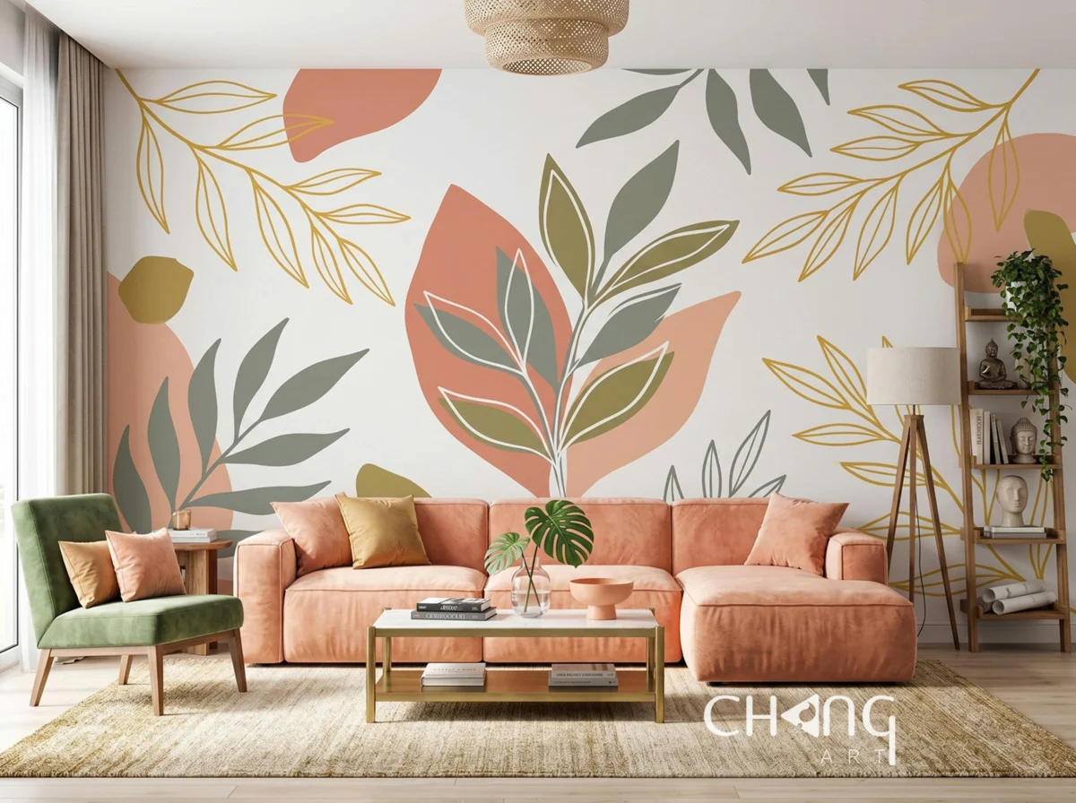 Vẽ tranh tường phòng khách hoa đơn giản - Chang Art