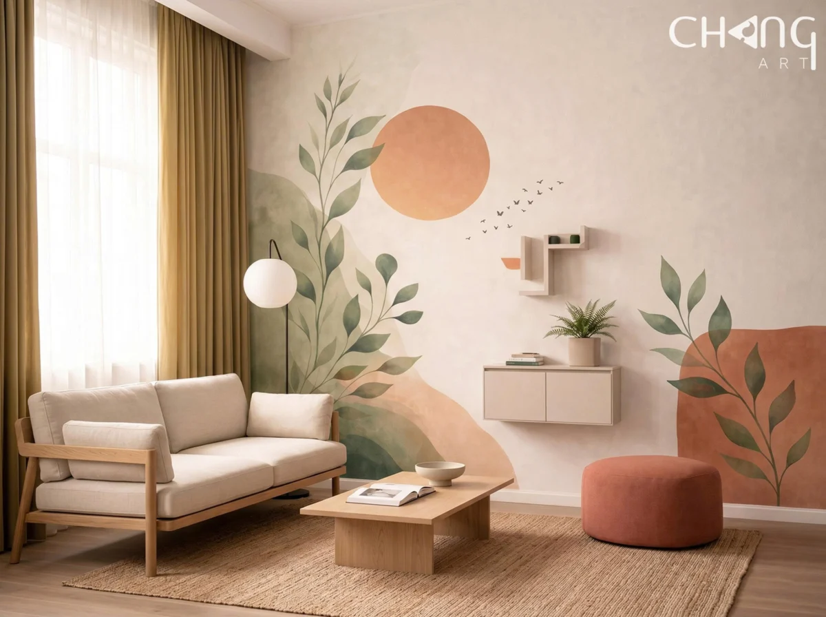 Vẽ tranh tường phòng khách hoa đơn giản - Chang Art