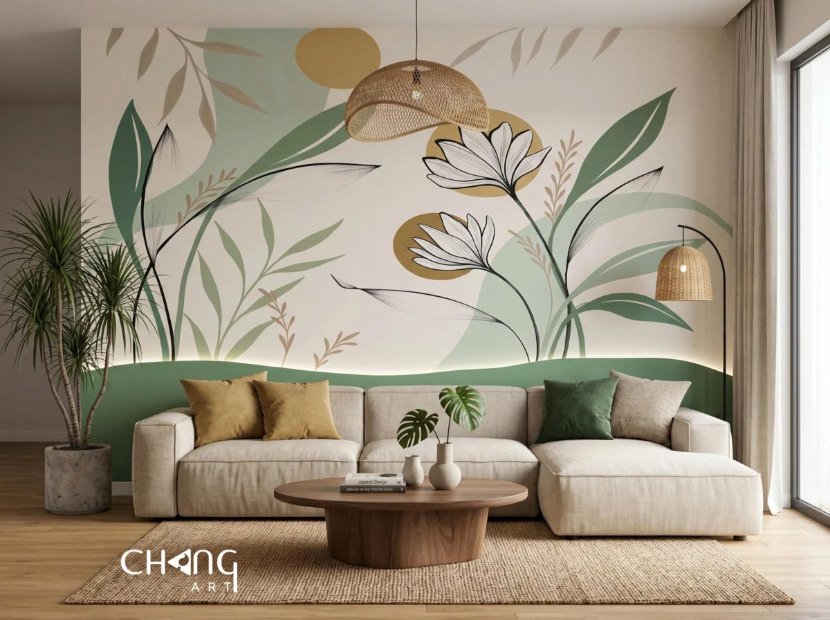 Vẽ tranh tường phòng khách hoa đơn giản - Chang Art