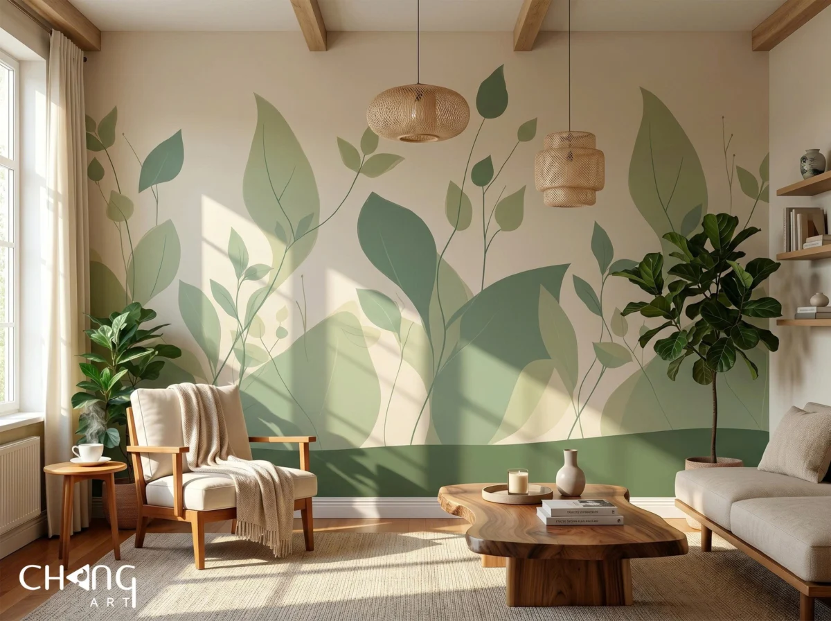 Vẽ tranh tường phòng khách hoa đơn giản - Chang Art